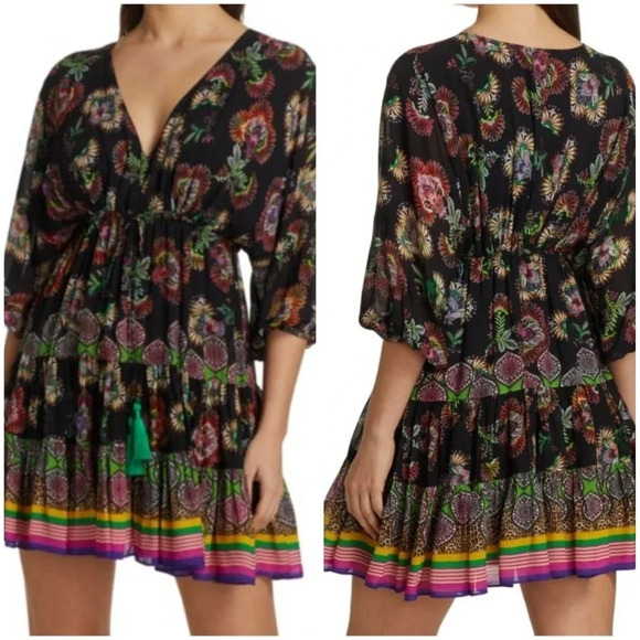 ALEXIS Holli Tapestry Print Mini Dress, Boho Peasant Dress w/Tassle Ties, EUC! - Picture 1 of 16